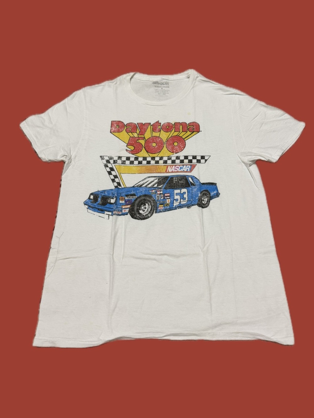 Nascar Daytona 500 Graphic Tee - White with Blue Car and Red/Yellow Accents